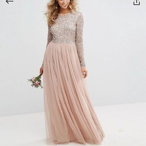 Long sleeve tulle and sequin gown